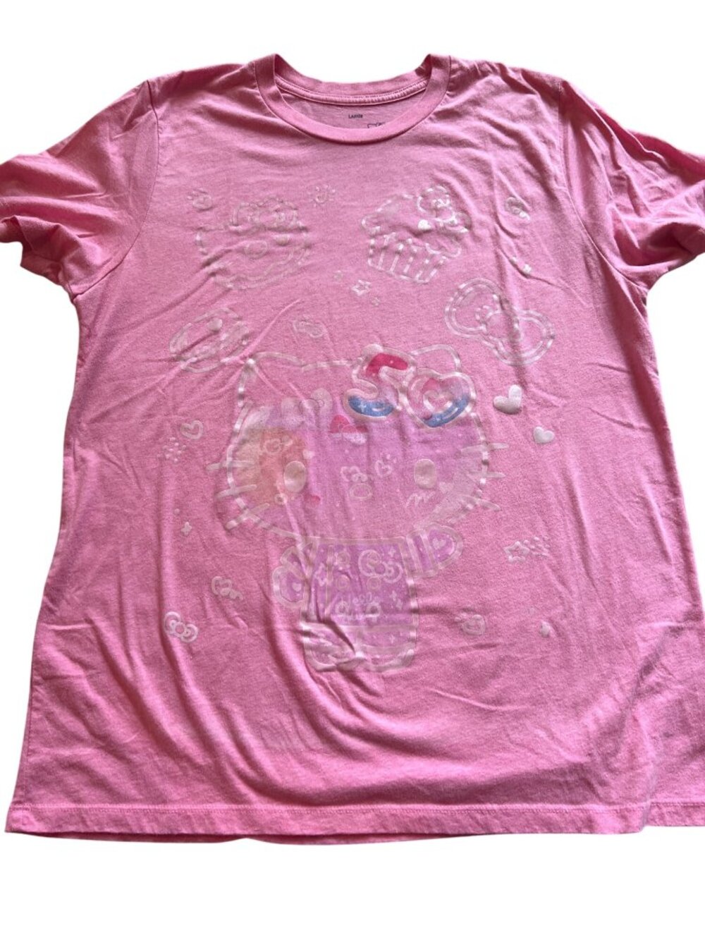 Hello Kitty Cafe Sanrio pink 50th Anniversary SS T shirt top Women L
